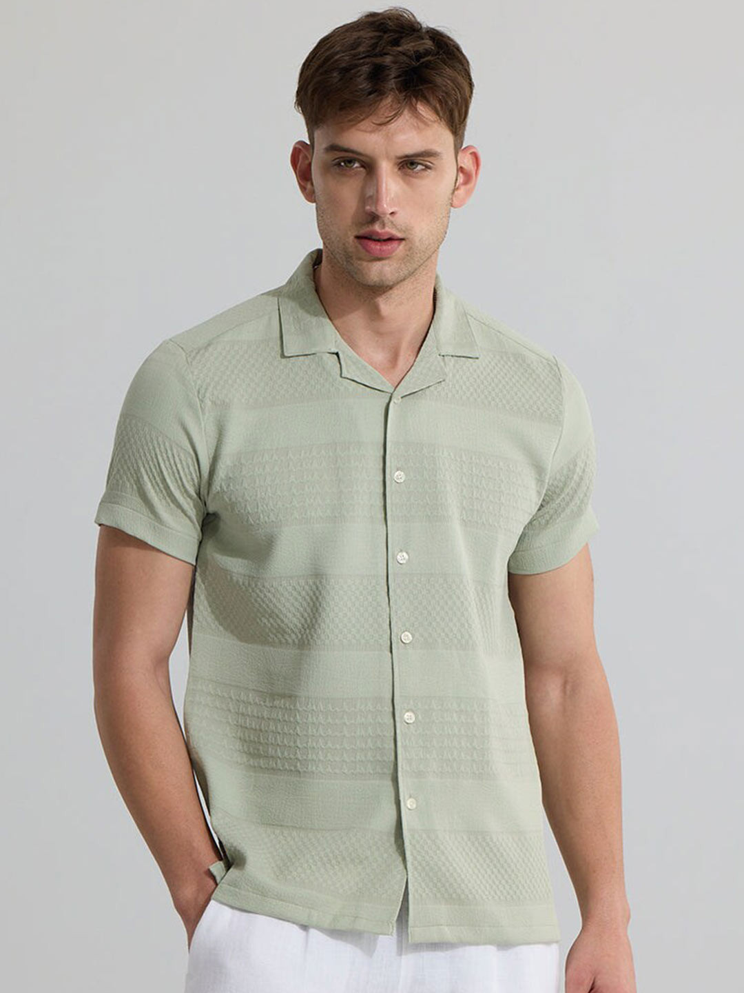 

Snitch Green Classic Self Design Slim Fit Casual Shirt