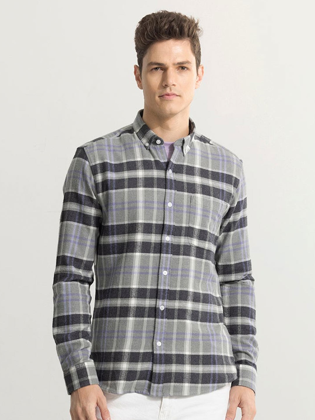 

Snitch Grey Classic Slim Fit Tartan Checks Pure Cotton Casual Shirt