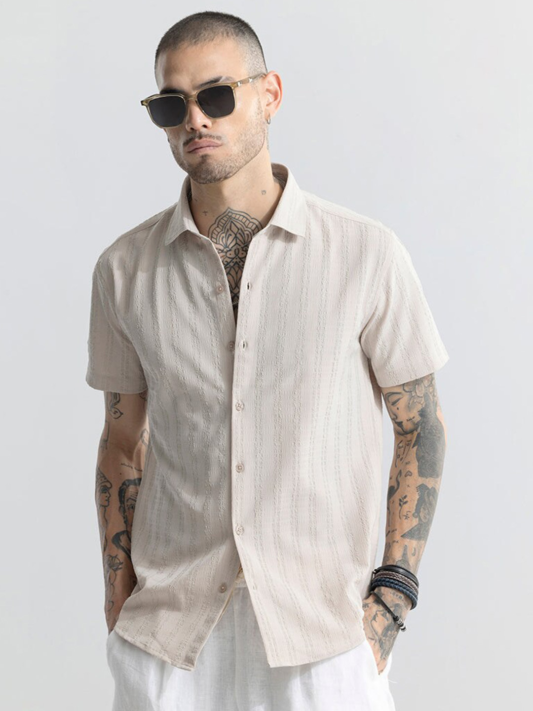 

Snitch Beige Classic Slim Fit Casual Shirt