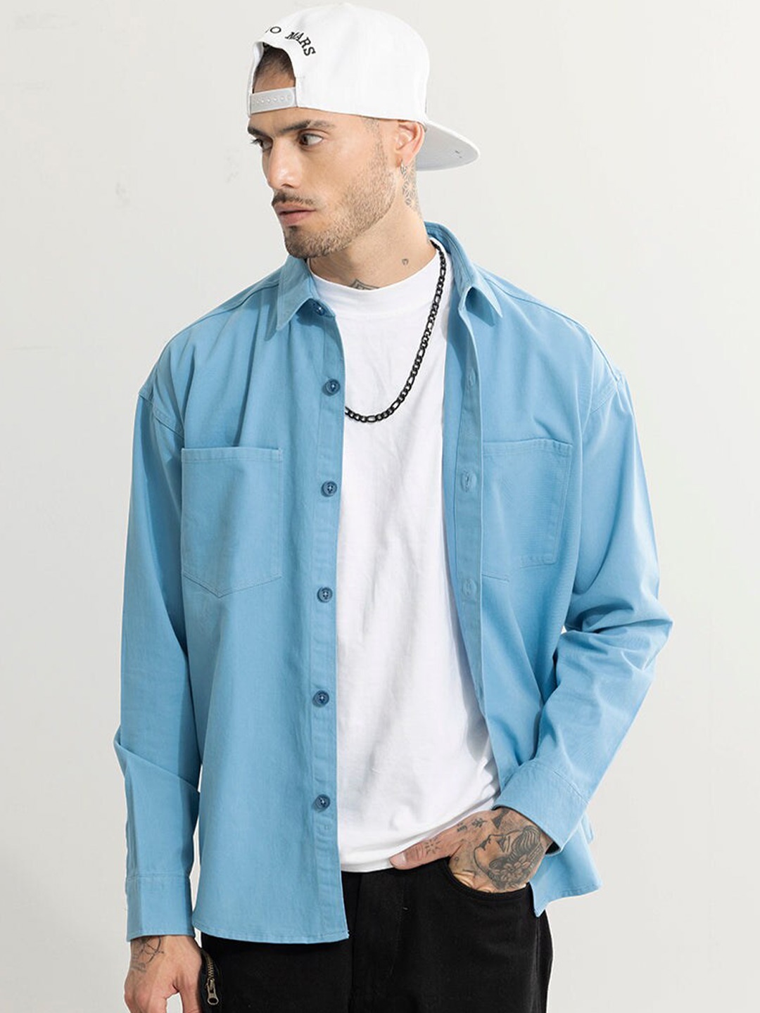 

Snitch Blue Classic Spread Collar Oversized Pure Cotton Casual Shirt