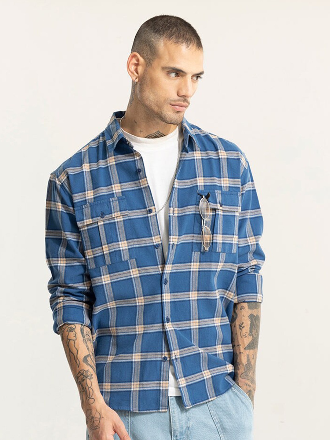 

Snitch Blue Tartan Checked Cotton Classic Oversized Casual Shirt