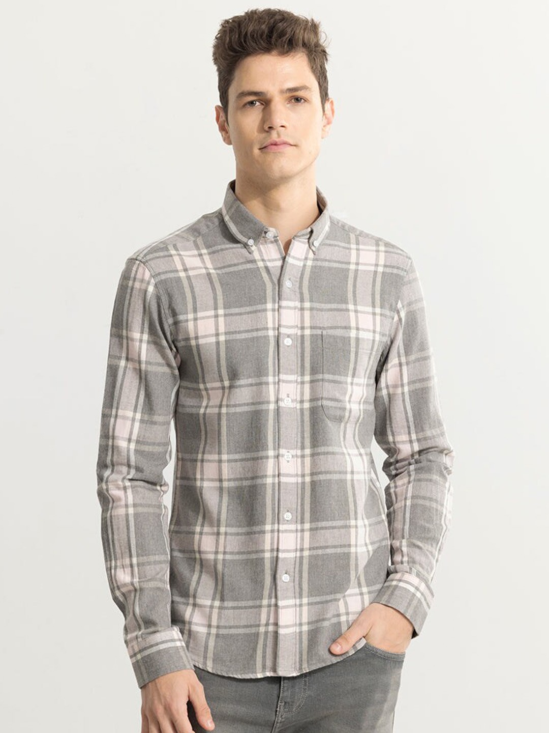 

Snitch Grey Classic Slim Fit Tartan Checked Button-Down Collar Cotton Casual Shirt