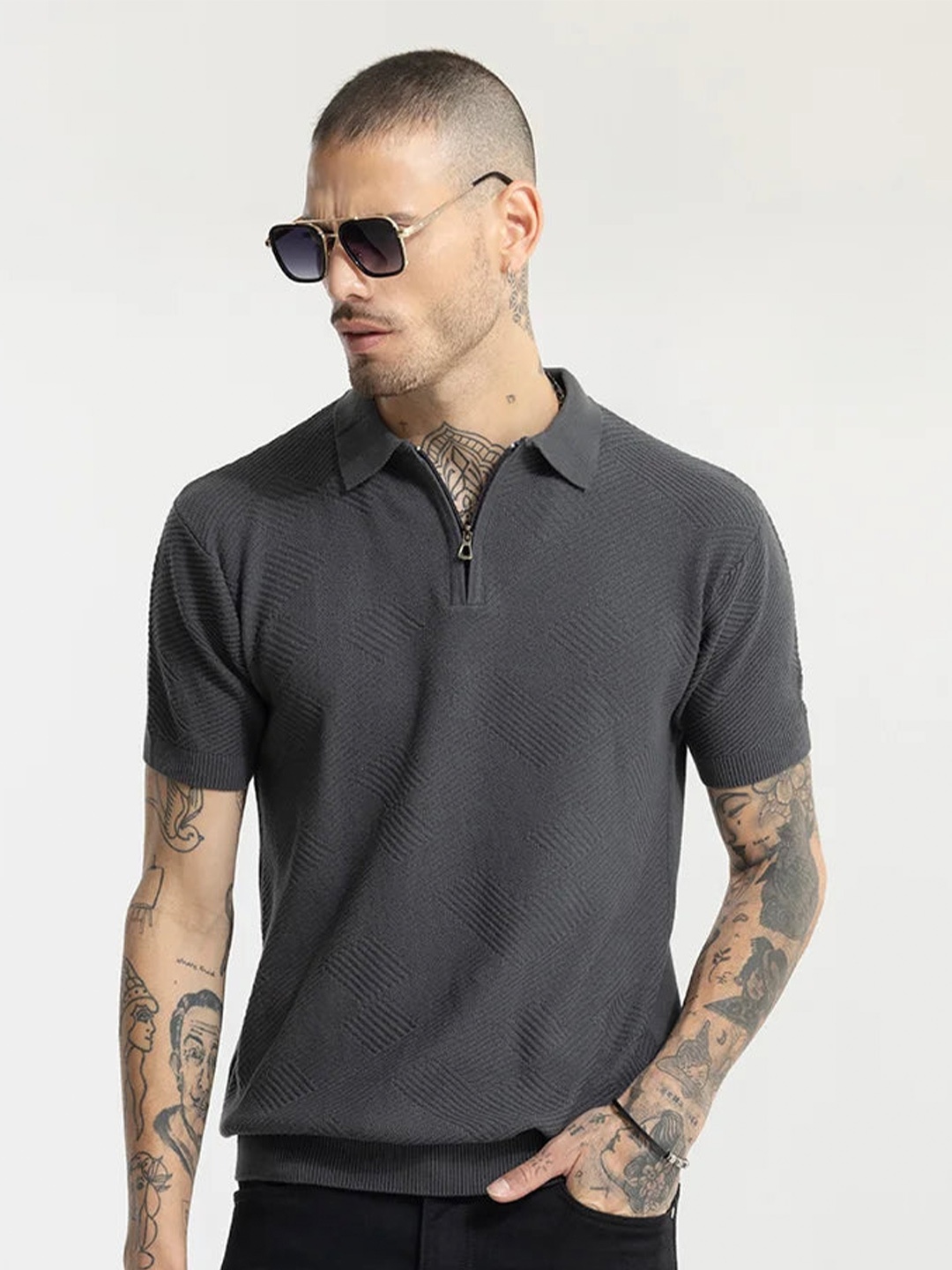 

Snitch Grey Crochet Polo Collar Pure Cotton Slim Fit T-shirt