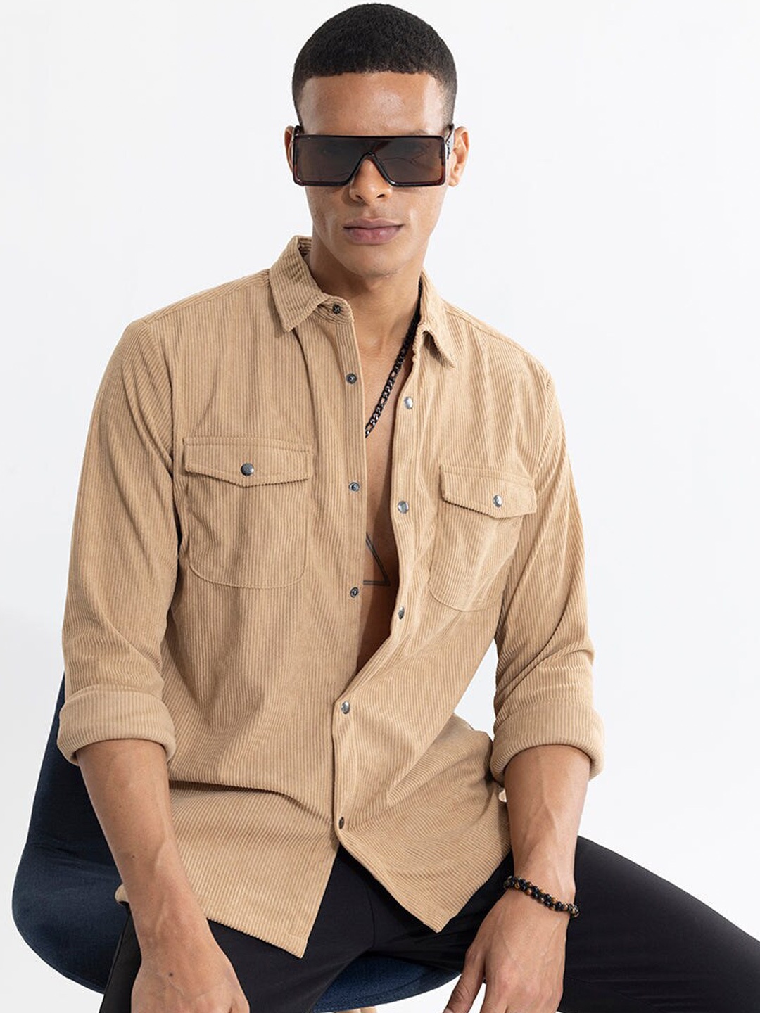 

Snitch Classic Self Design Oversized Casual Shirt, Khaki