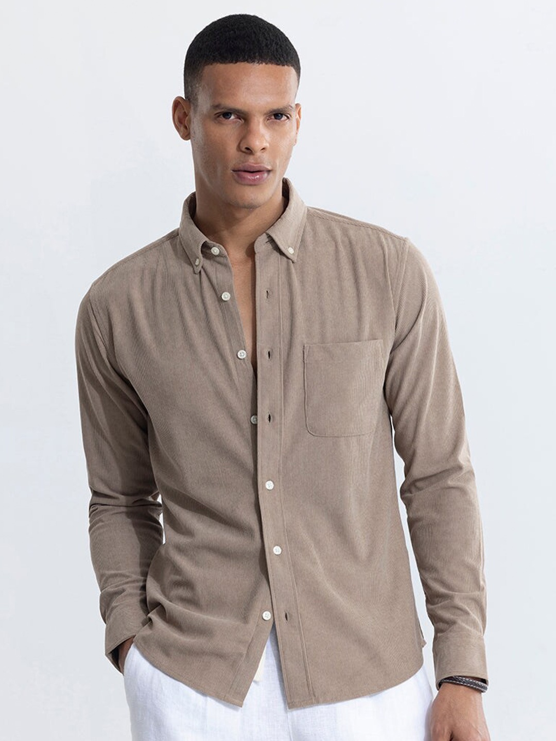 

Snitch Khaki Button-Down Collar Classic Slim Fit Casual Shirt