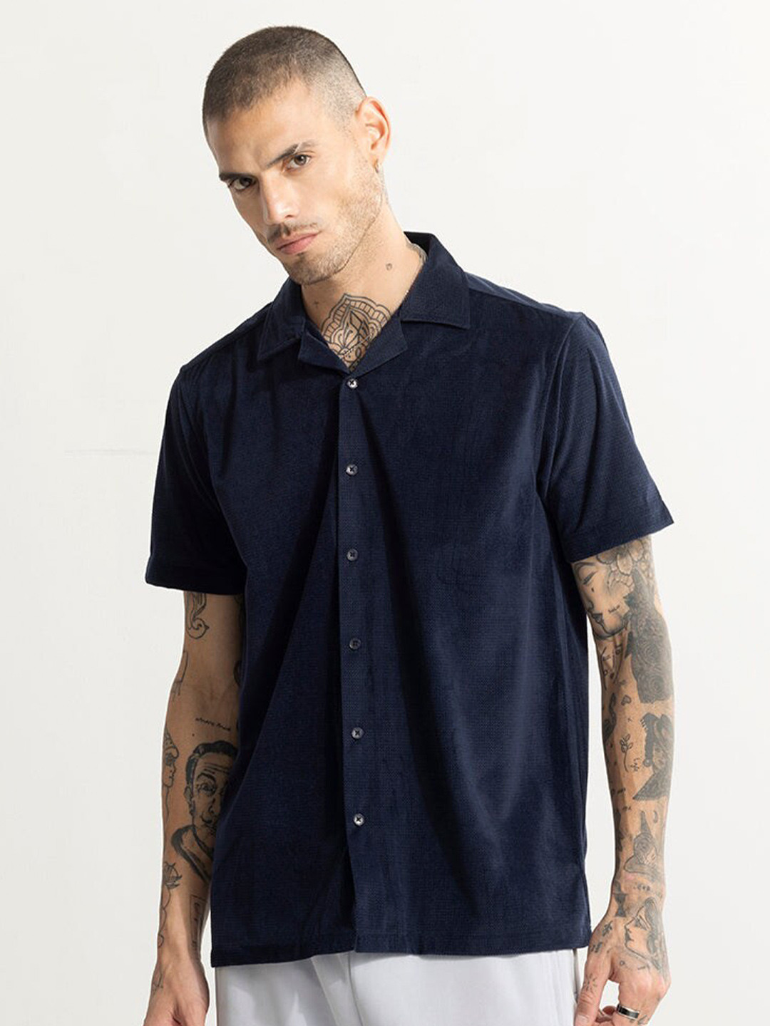 

Snitch Navy Blue Cuban Collar Classic Regular Fit Casual Shirt