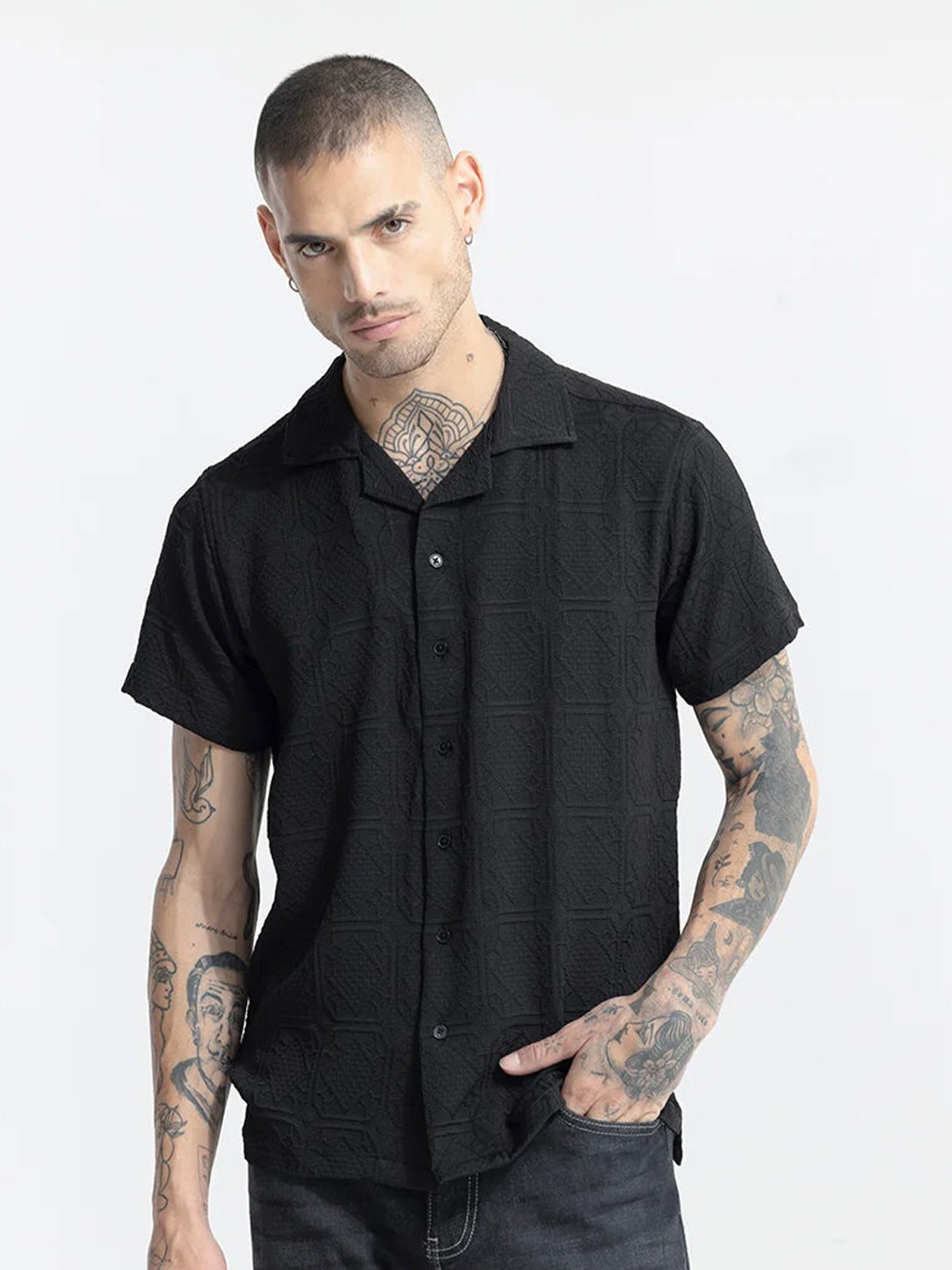 

Snitch Black Classic Textured Self Design Cuban Collar Casual Shirt