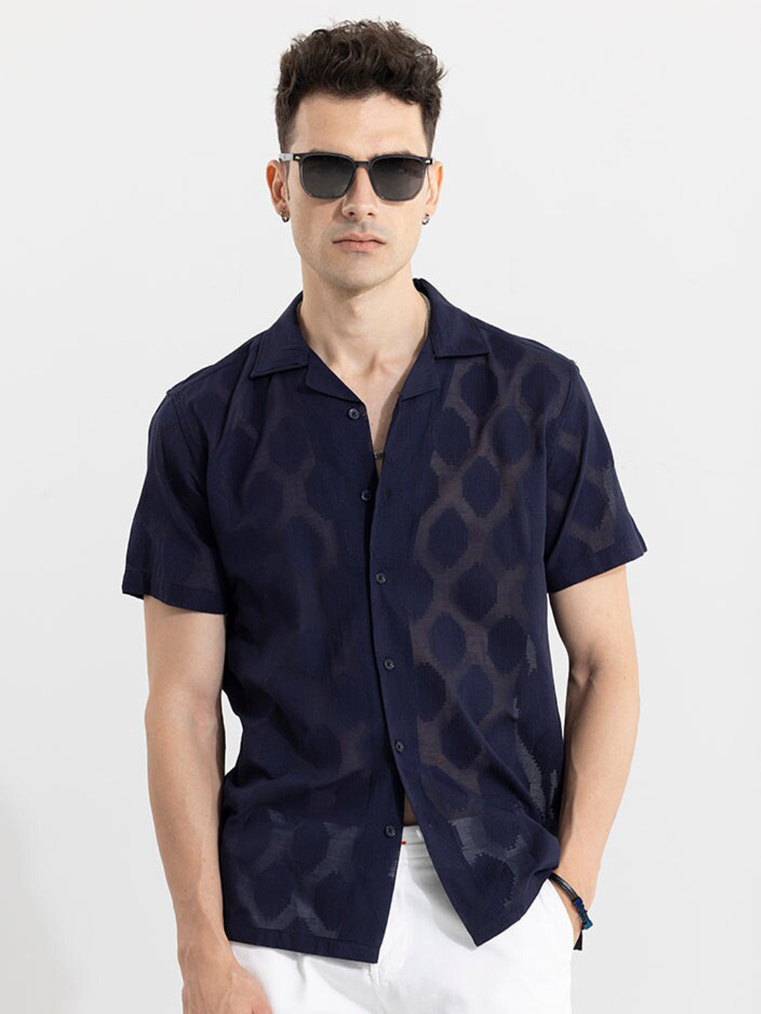 

Snitch Navy Blue Classic Slim Fit Self Design Cotton Casual Shirt