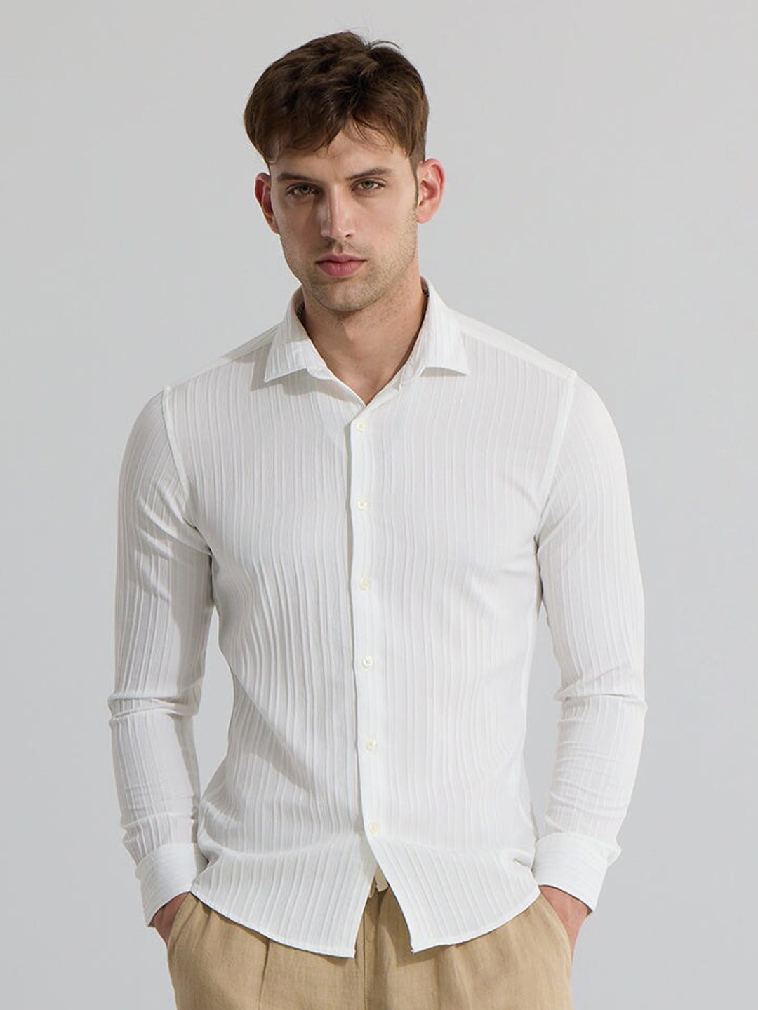 

Snitch White Self Design Classic Slim Fit Cotton Casual Shirt