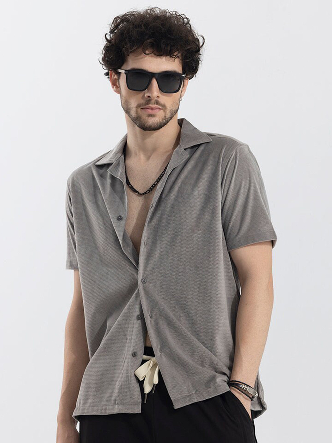 

Snitch Grey Classic Slim Fit Self Design Cuban Collar Casual Shirt
