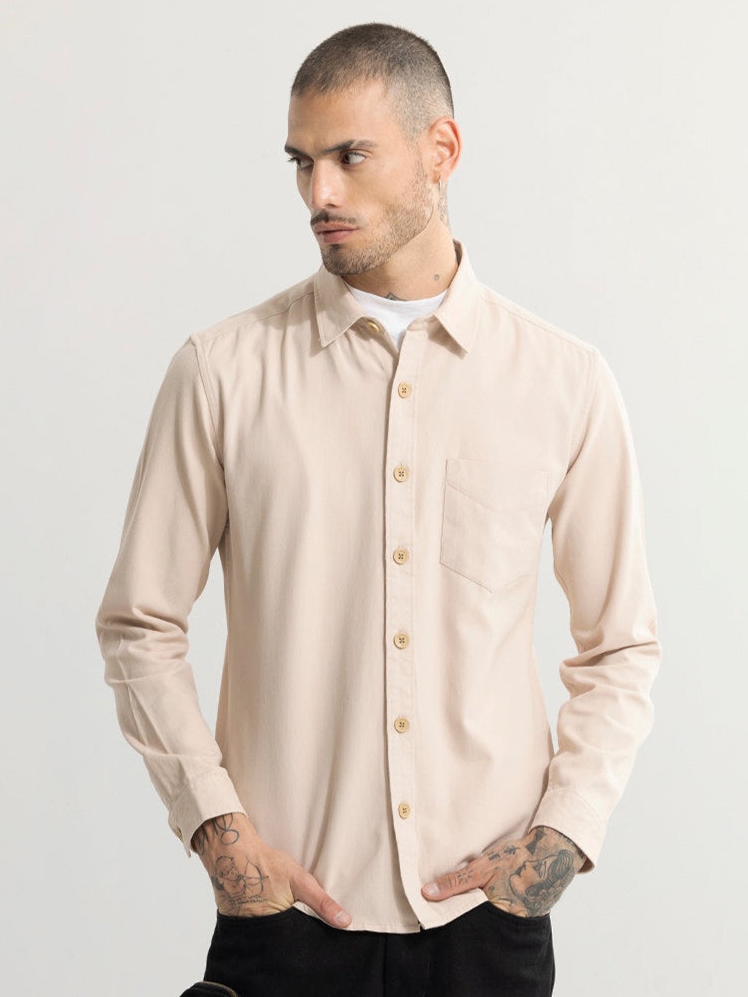 

Snitch Classic Spread Collar Pure Cotton Casual Shirt, Cream