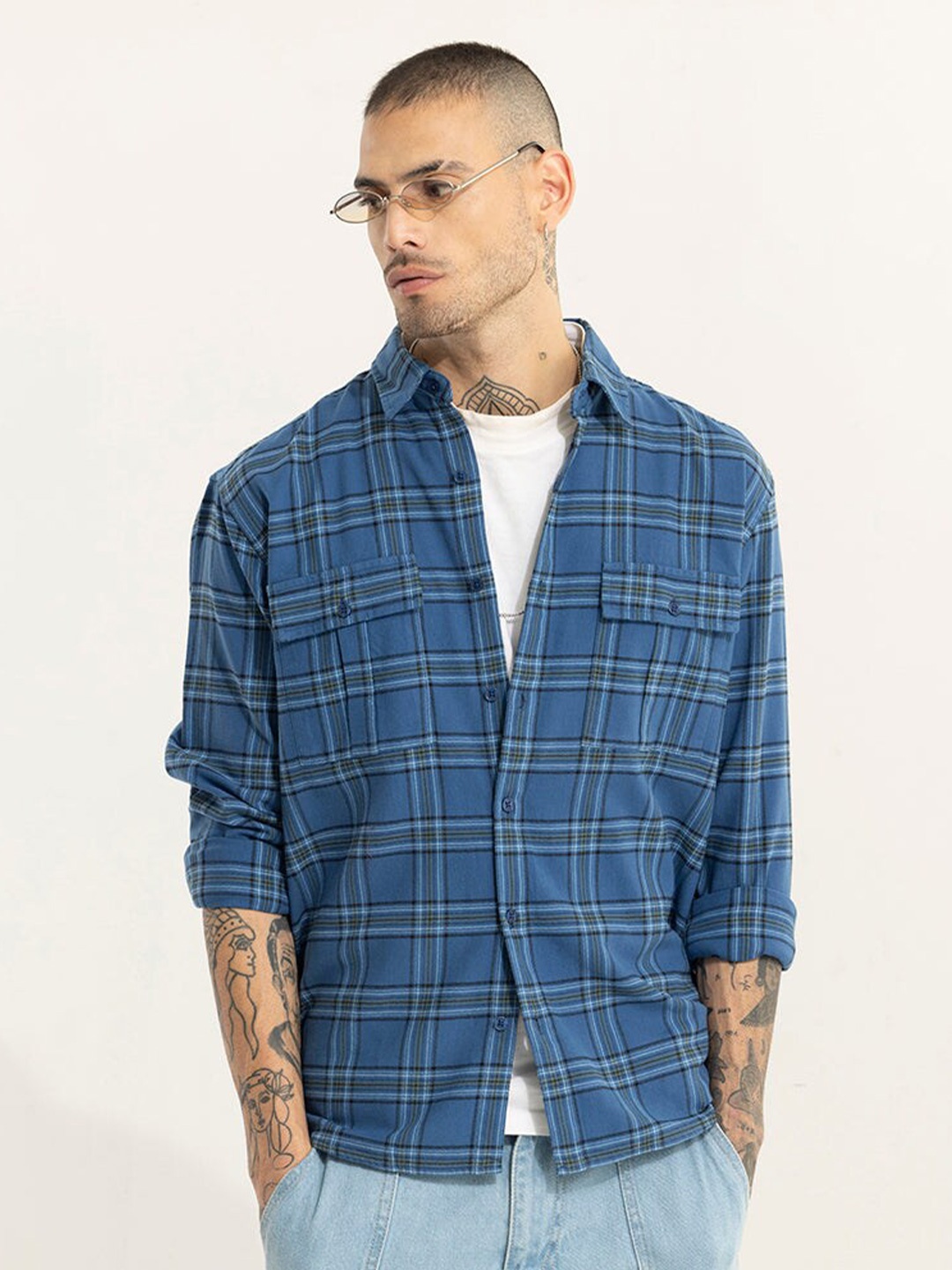 

Snitch Blue Classic Tartan Checked Pure Cotton Oversized Casual Shirt