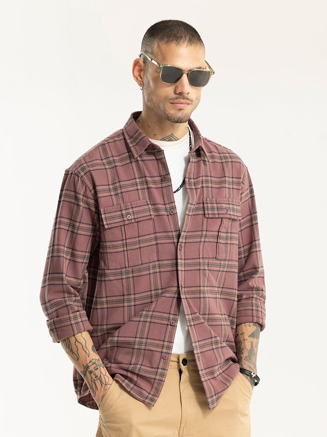 

Snitch Mauve Tartan Checked Cotton Classic Oversized Casual Shirt