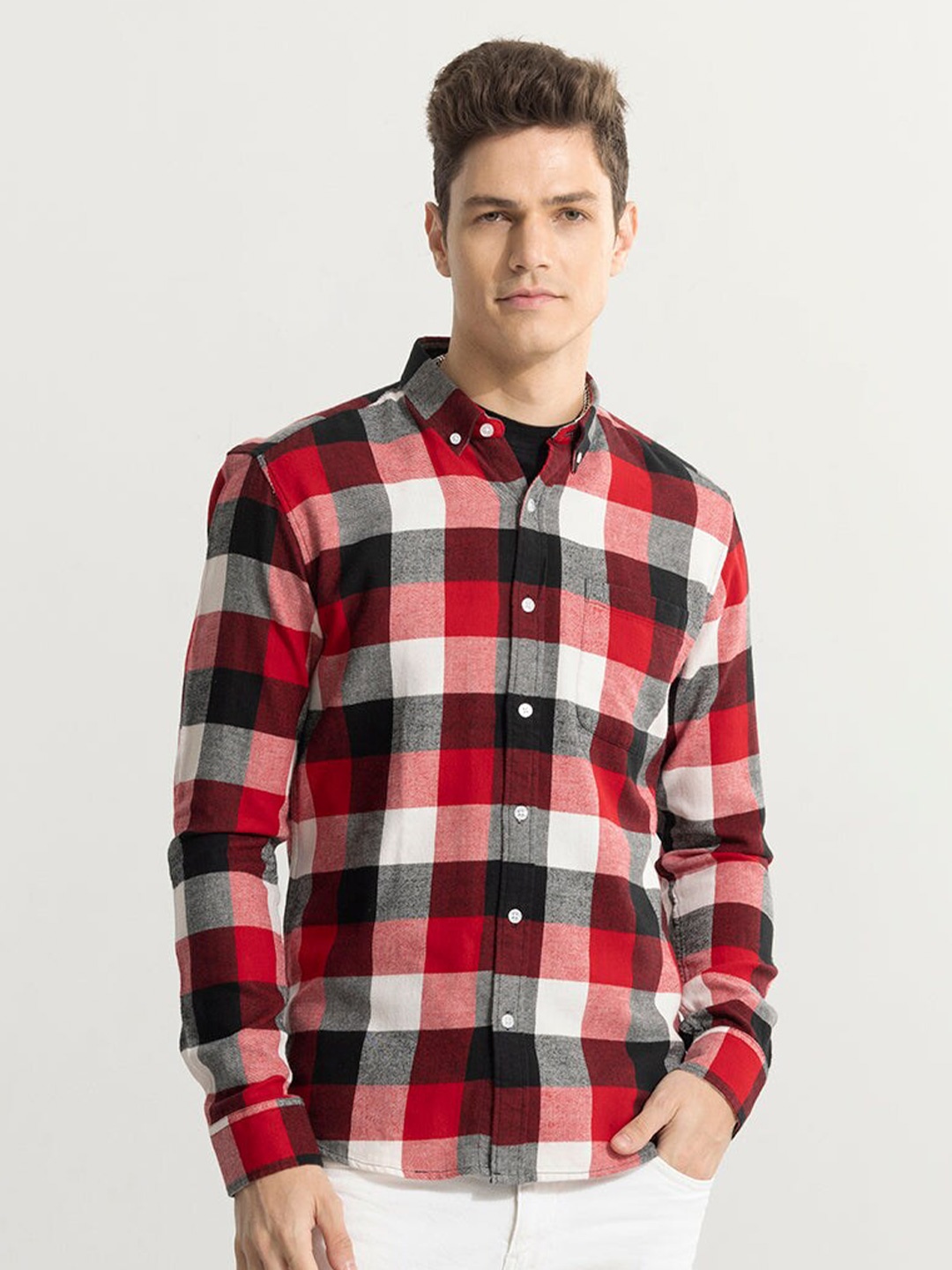 

Snitch Red Classic Windowpane Checks Slim Fit Casual Shirt