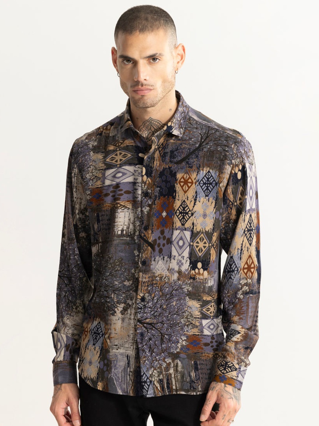 

Snitch Black Classic Slim Fit Abstract Printed Spread Collar Long Sleeve Casual Shirt