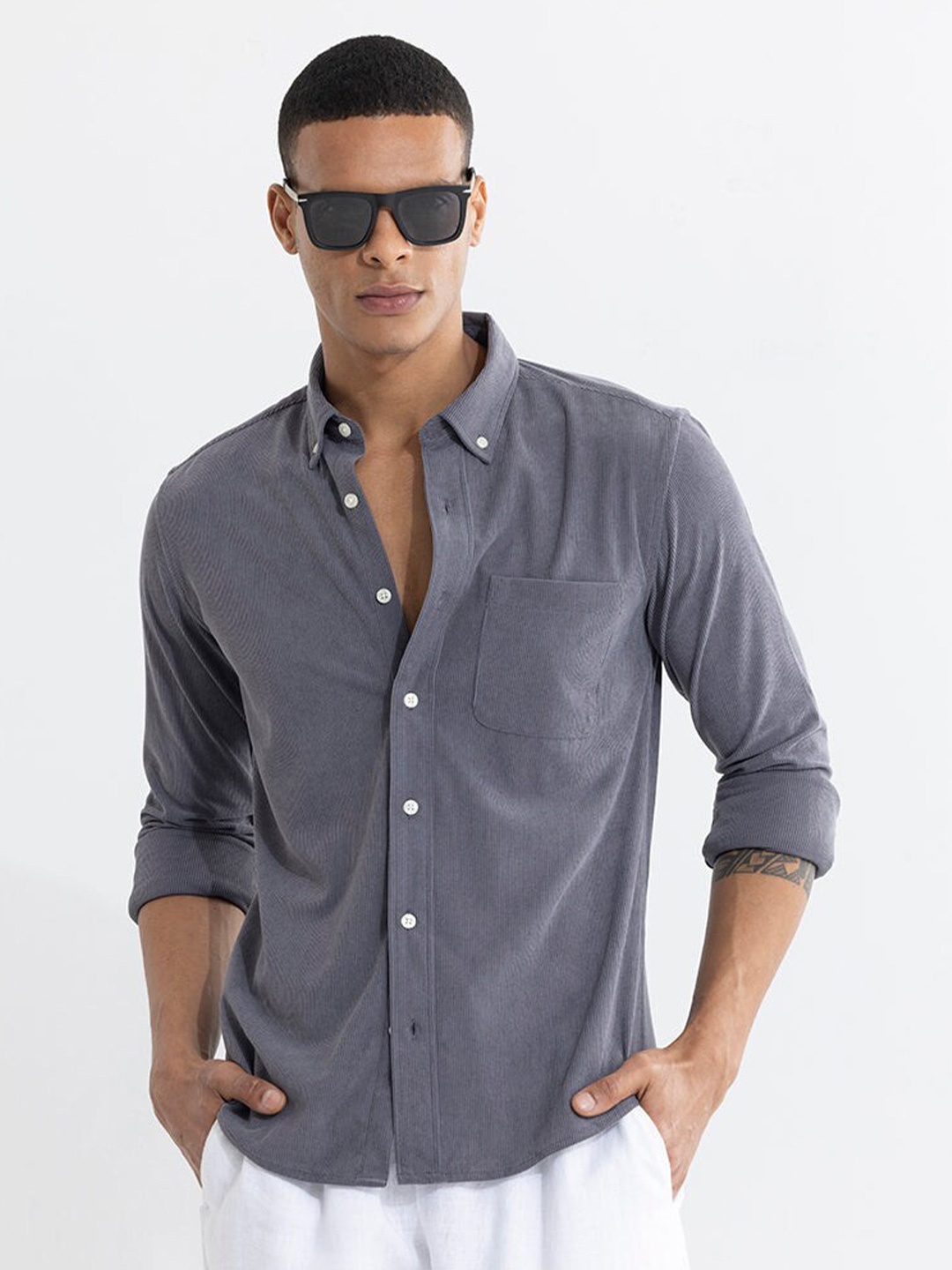 

Snitch Grey Classic Slim Fit Button-Down Collar Long Sleeve Pocket Casual Shirt