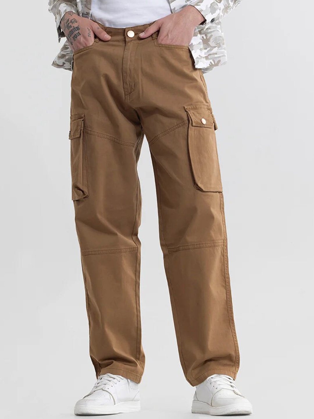 

Snitch Brown Men Smart Loose Fit Cargo Trousers