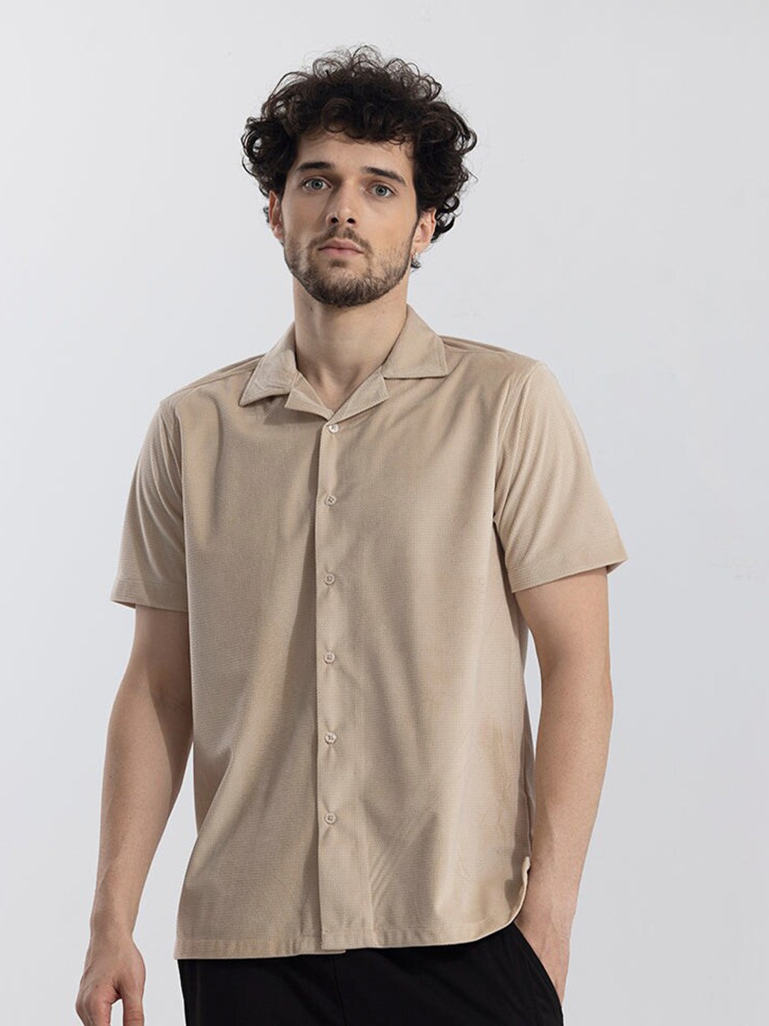 

Snitch Beige Classic Self Design Cuban Collar Casual Shirt