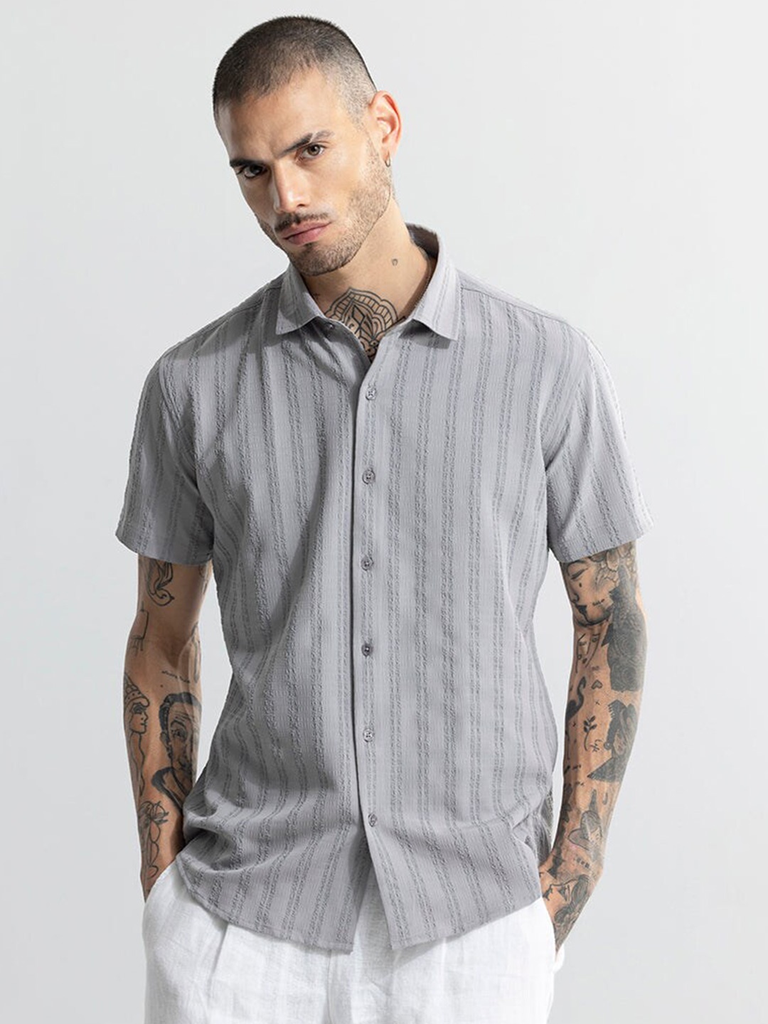 

Snitch Grey Classic Slim Fit Vertical Striped Casual Shirt