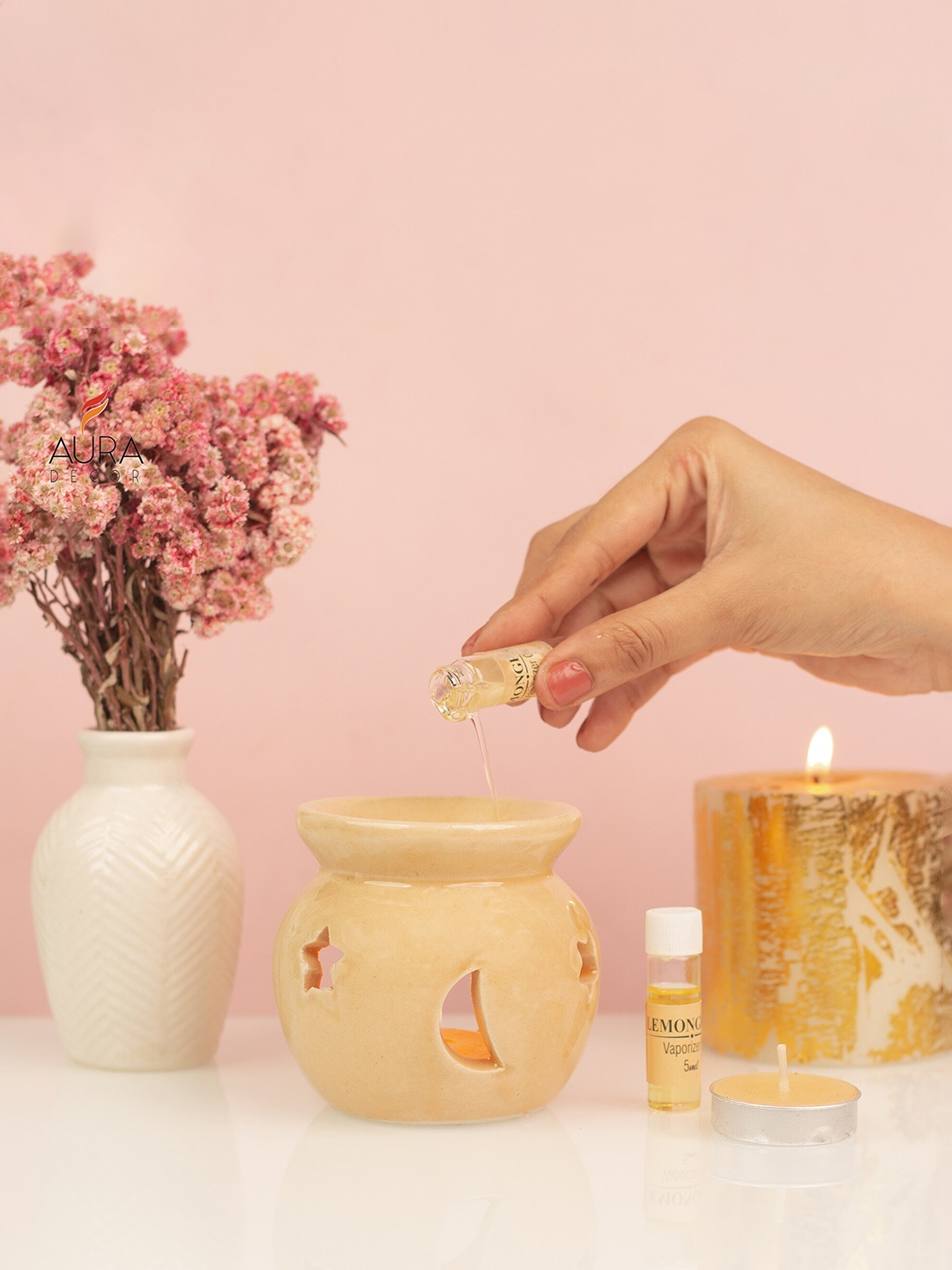 

AuraDecor Cream-color Lemongrass Fragrance Aroma Oil Burner Gift Set