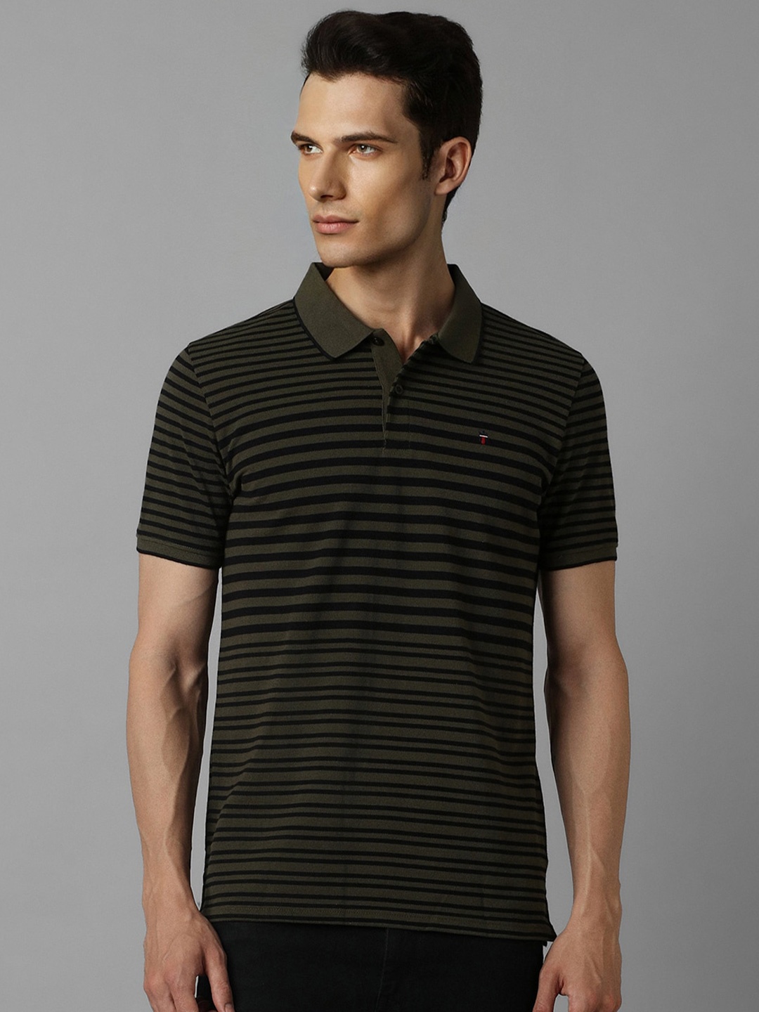 

Louis Philippe Sport Striped Slim Fit Polo Collar Pure Cotton T-shirt, Green