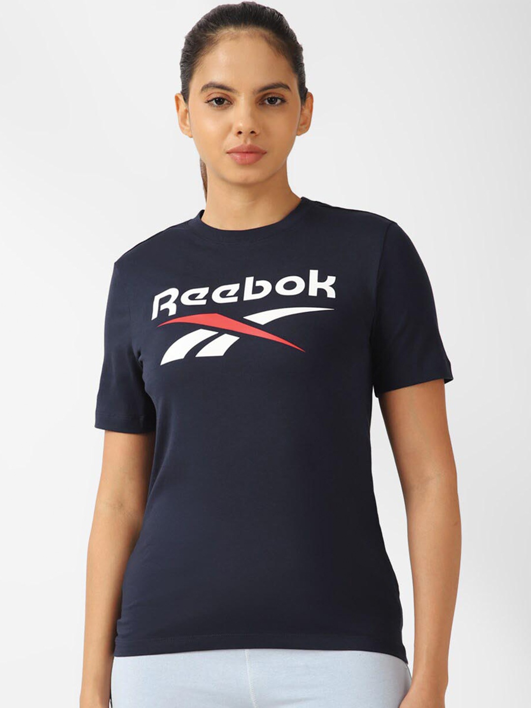 

Reebok Ri Bi Logo Printed Round Neck Slim Fit Pure Cotton T-shirt, Navy blue