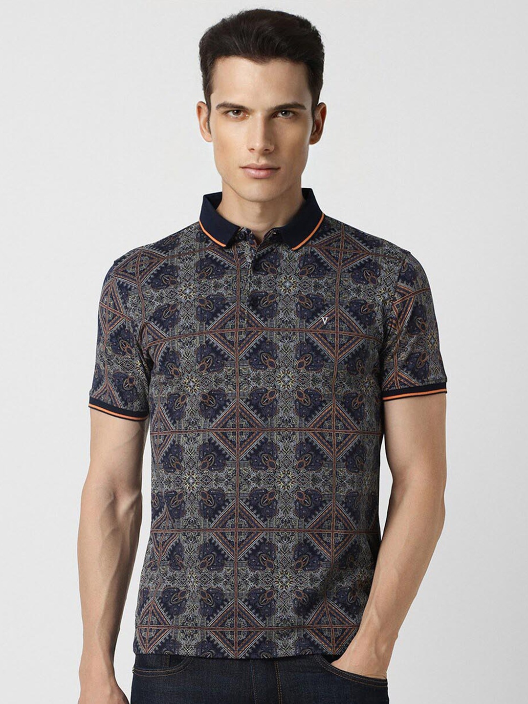 

V Dot Ethnic Motifs Printed Polo Collar Slim Fit T-shirt, Navy blue