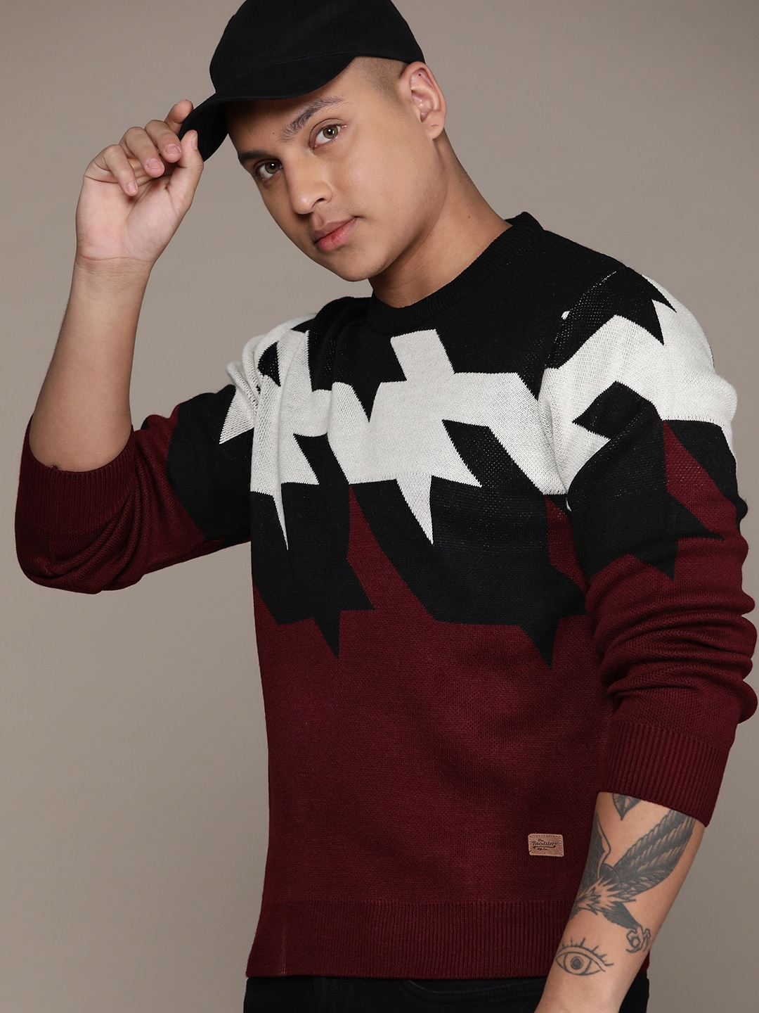 

Roadster Men Abstract Printed Acrylic Pullover Sweater, Maroon