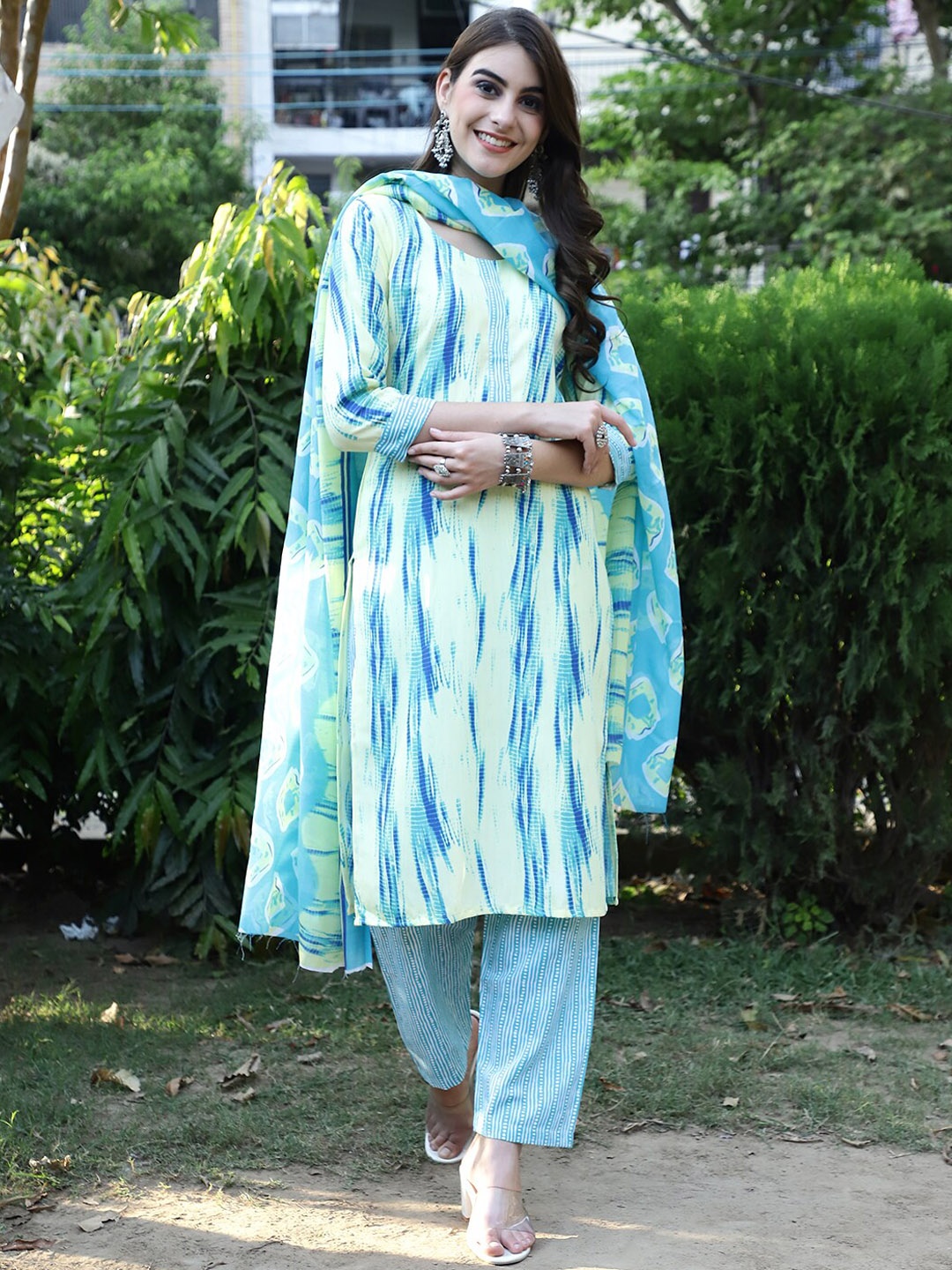 

7Threads Abstract Printed Pure Cotton Kurta with Trousers & Dupatta, Teal