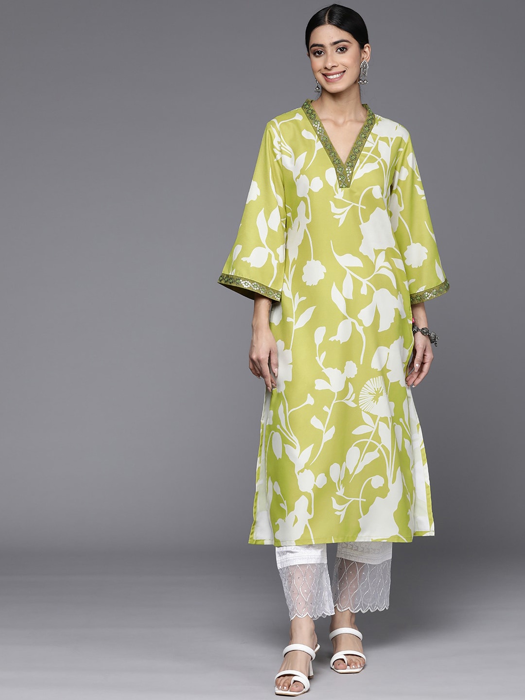 

Varanga Women Floral Printed Flared Sleeves Sequinned Kurta, Lime green