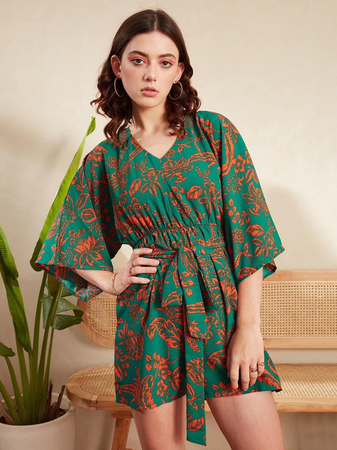 

Berrylush Floral Printed Belted Playsuit, Green