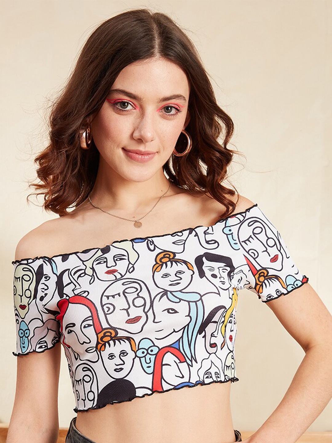 

Berrylush White Abstract Printed Off-Shoulder Top