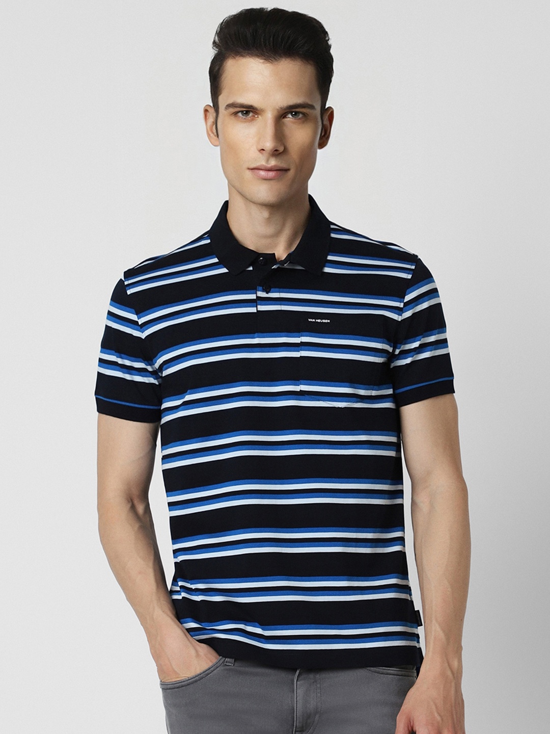 

Van Heusen Sport Men Black Striped Polo Collar T-shirt