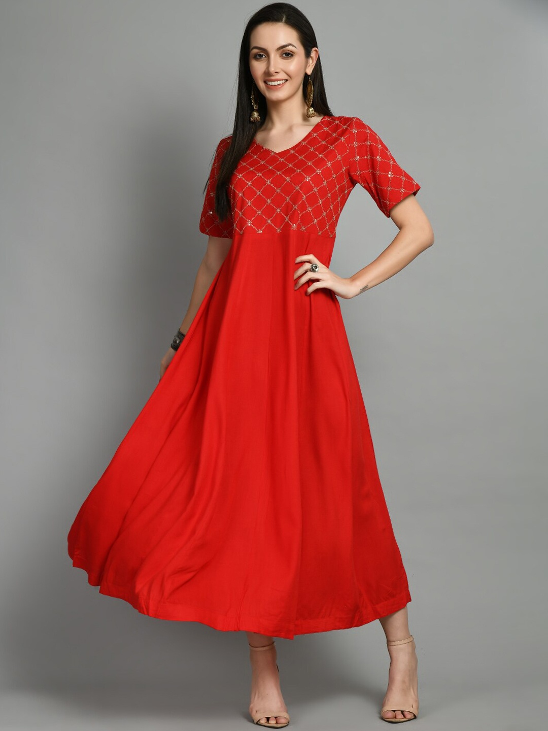 

DOISA Checked Embroidered Round Neck Sequinned Fit & Flare Maxi Ethnic Dress, Red
