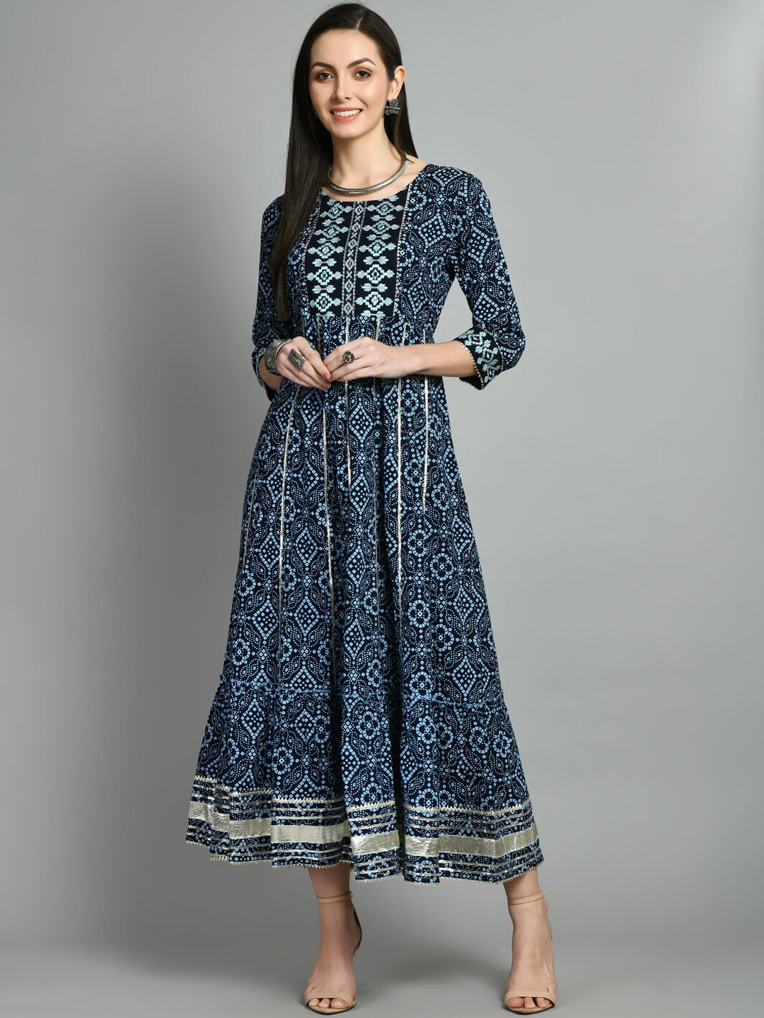

DOISA Ethnic Motifs Printed Embroidered Detailed Fit & Flare Midi Ethnic Dress, Navy blue