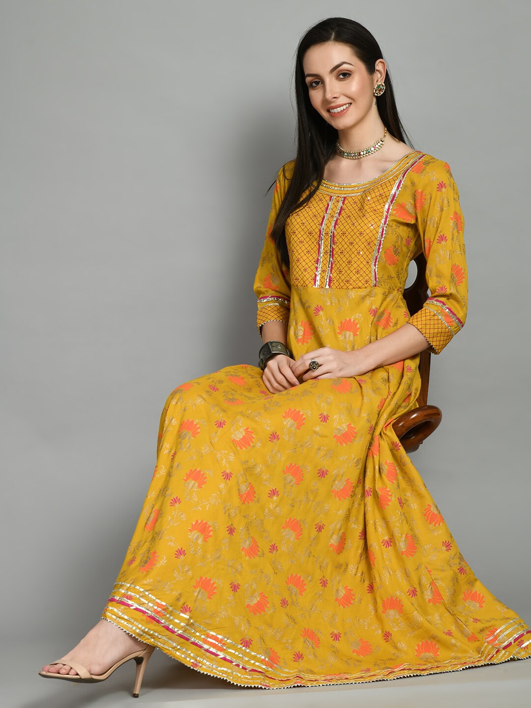 

DOISA Floral Printed Sequinned Detailed Maxi Ethnic Dress, Yellow