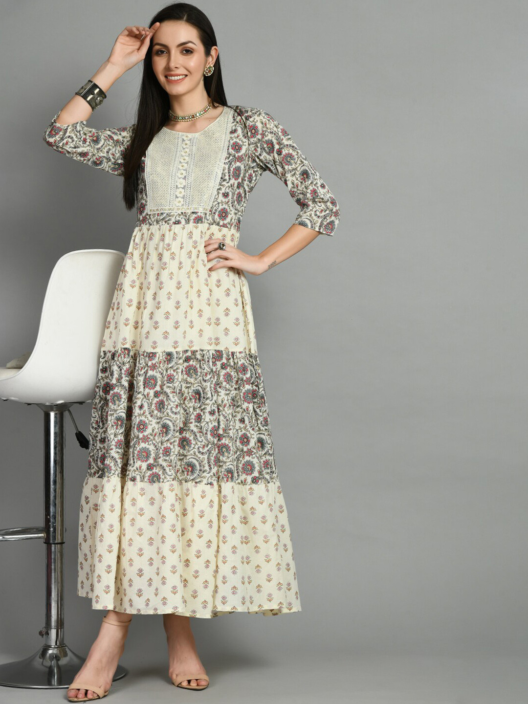 

DOISA Floral Printed Sequinned Detailed Cotton Fit & Flare Midi Ethnic Dress, Off white