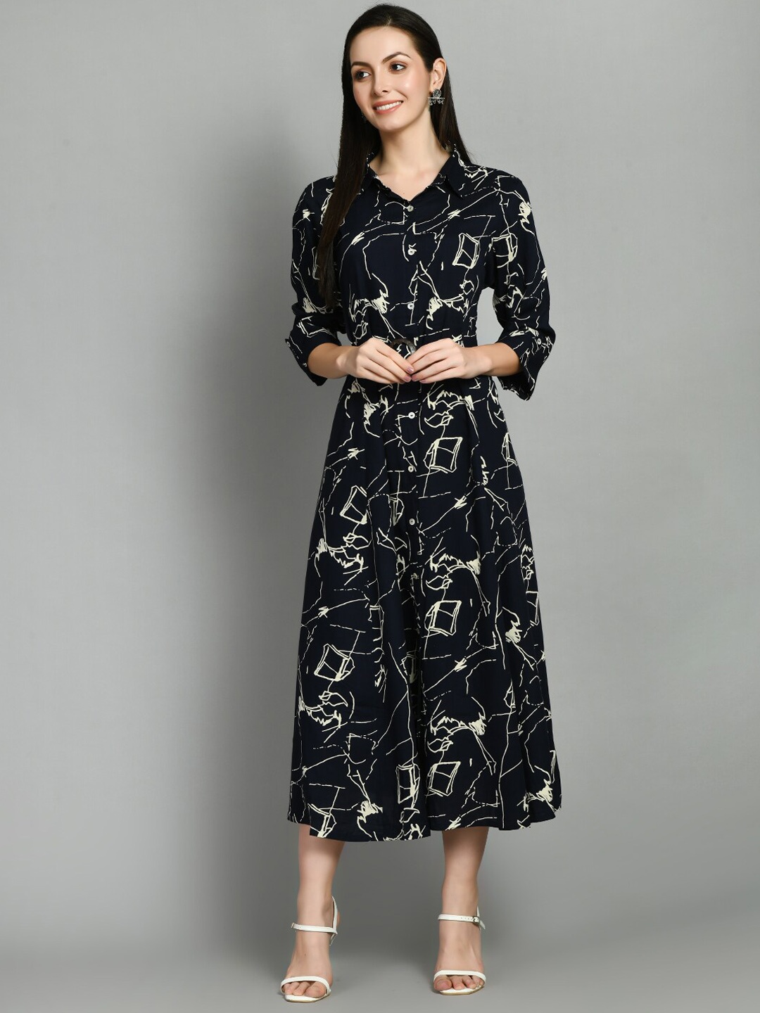 

DOISA Abstract Printed Shirt Collar Fit & Flare Midi Dress, Navy blue