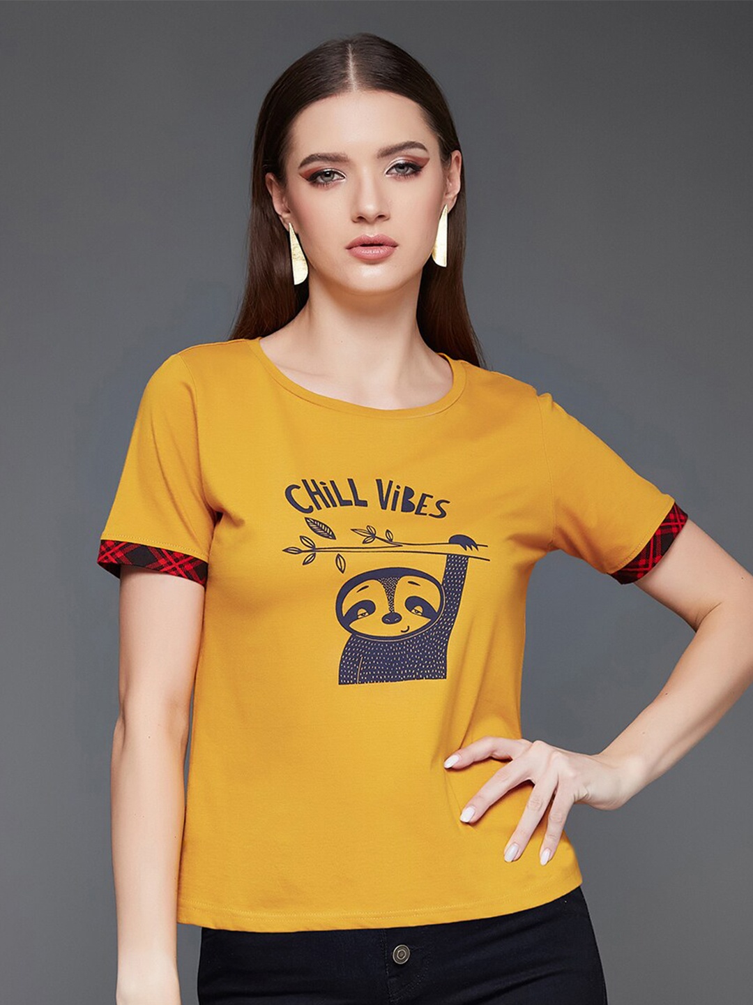 

Miss Chase Graphic Printed Round Neck Cotton T-shirt, Mustard