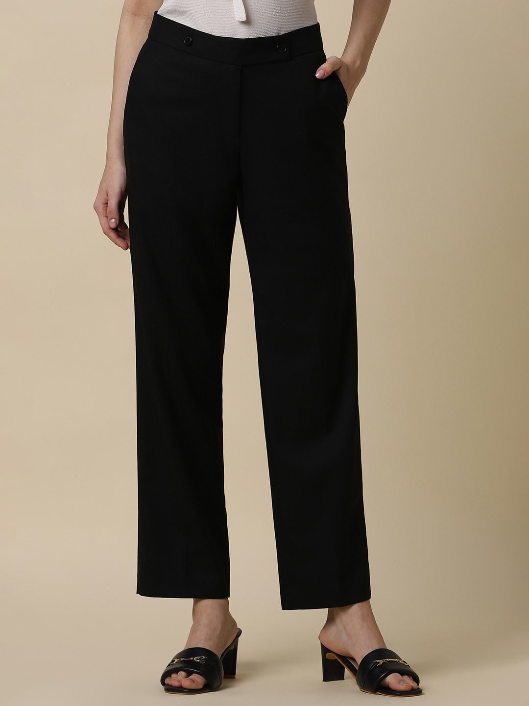 

Allen Solly Woman Mid Rise Parallel Trousers, Black