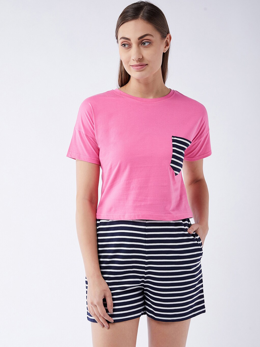 

Miss Chase Striped Pure Cotton T-Shirt & Short, Pink