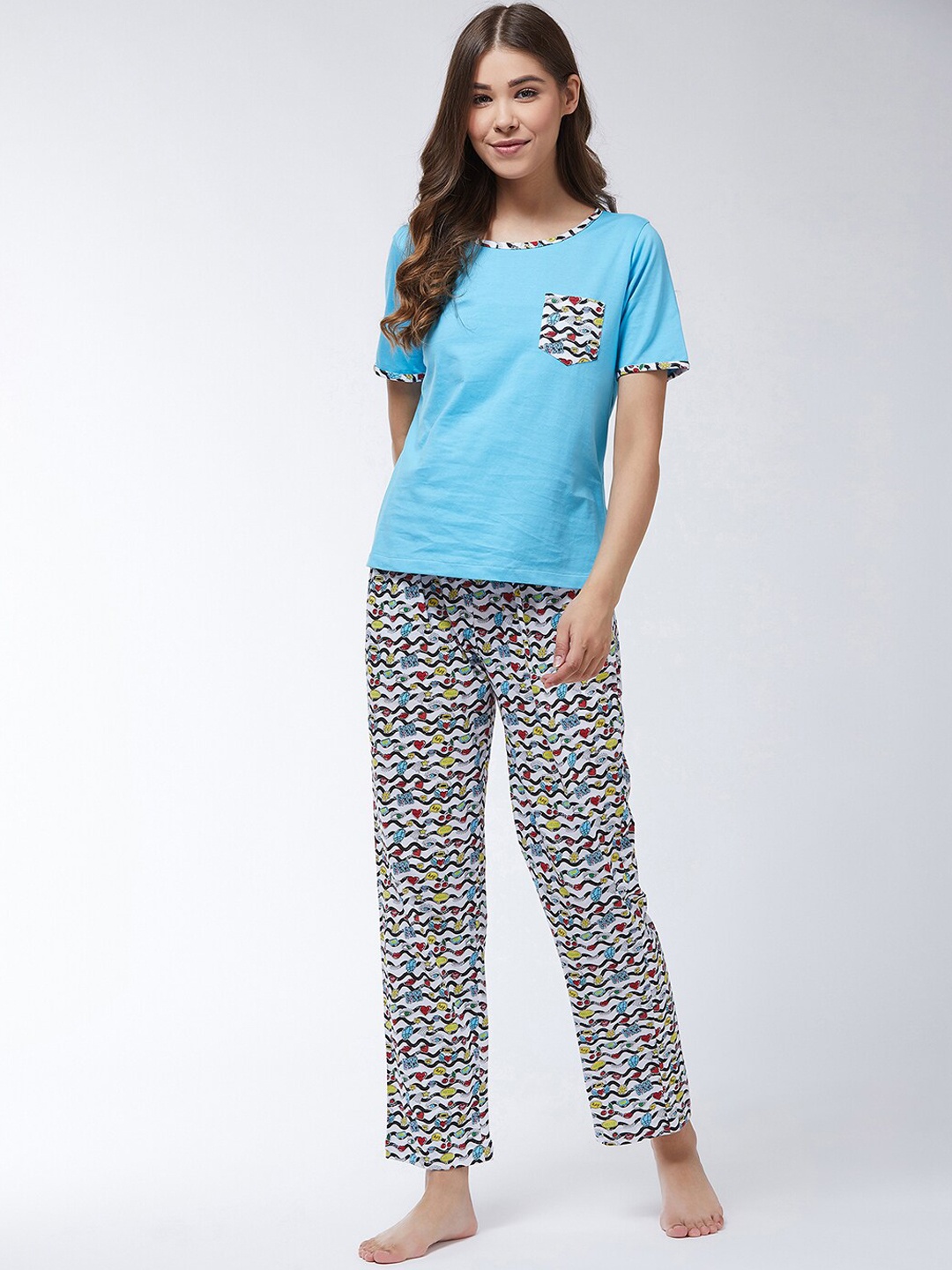 

Miss Chase Pure Cotton T-shirt With Lounge Pant, Blue