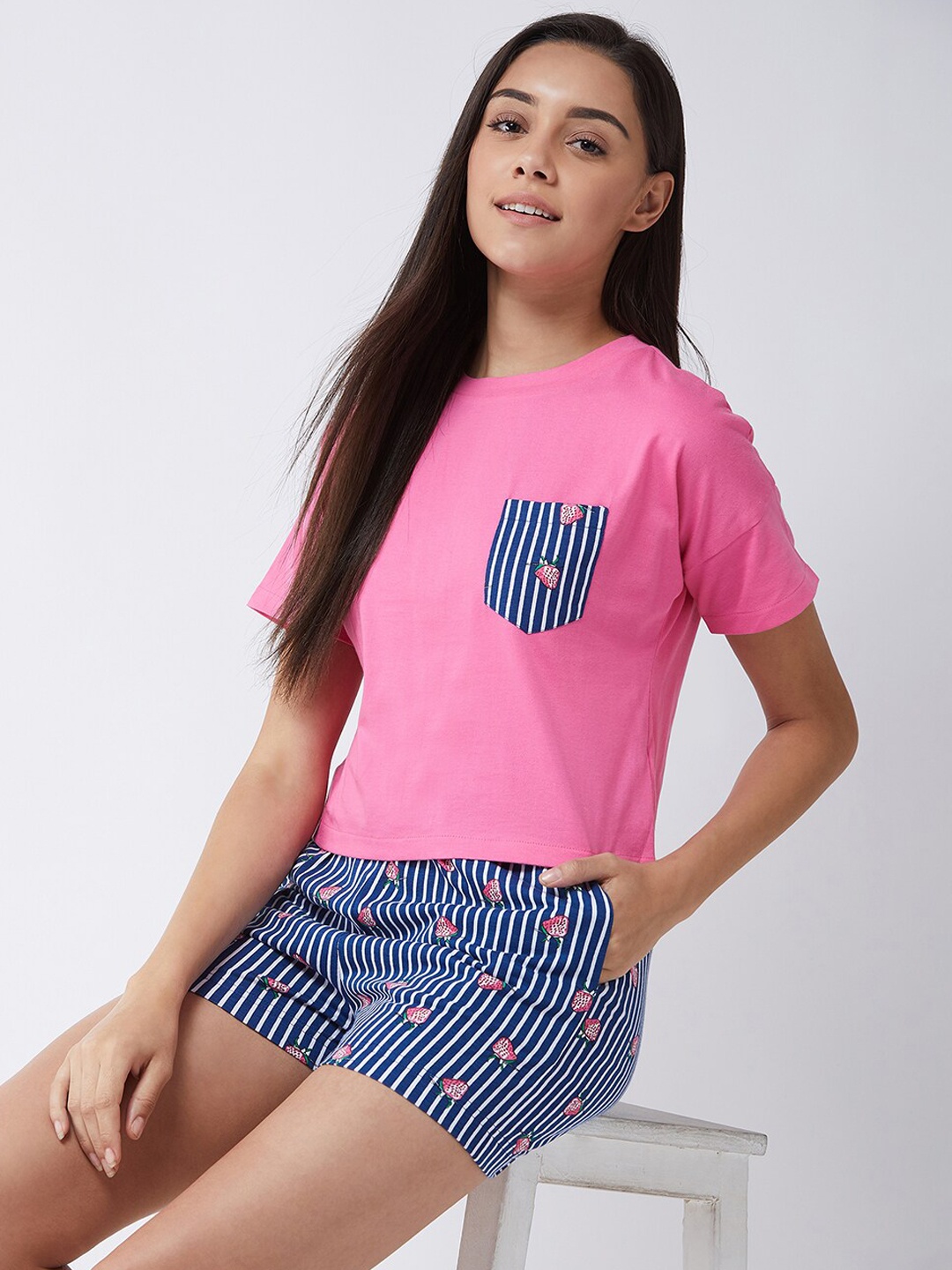 

Miss Chase Striped Short Sleeves Pure Cotton T-Shirt & Shorts, Pink