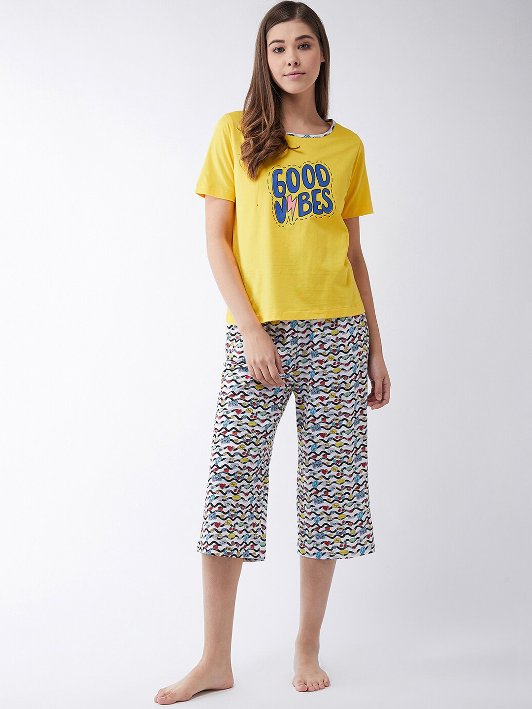 

Miss Chase Typography Printed Pure Cotton T-shirt With Capris, Yellow