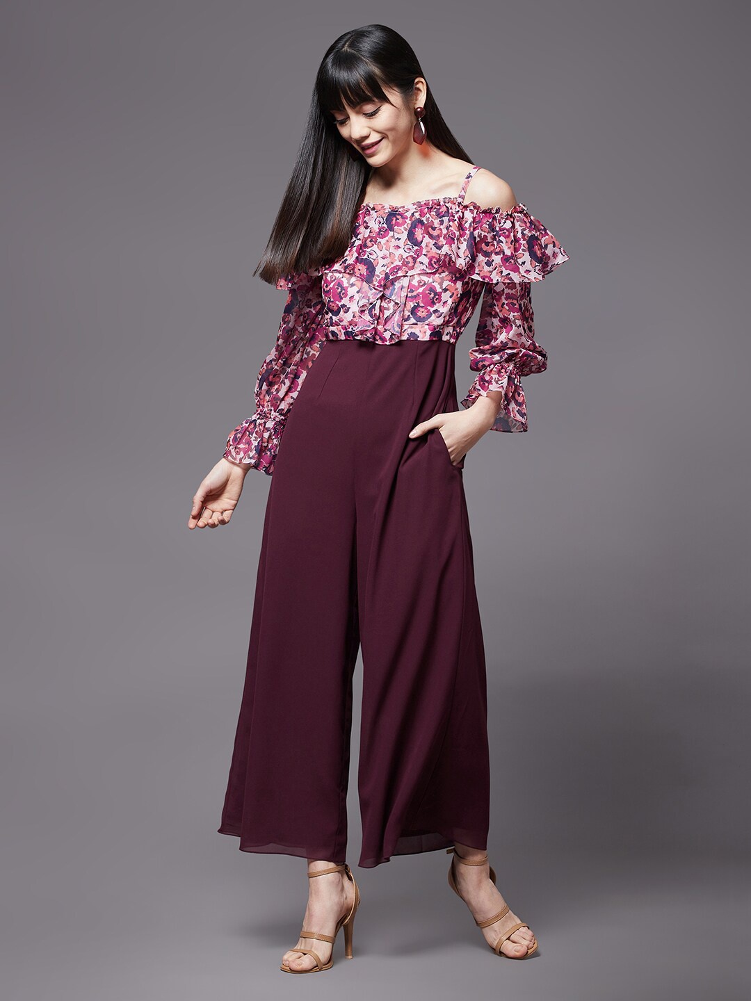 

Miss Chase Floral Printed Shoulder Straps Basic Jumpsuit, Maroon