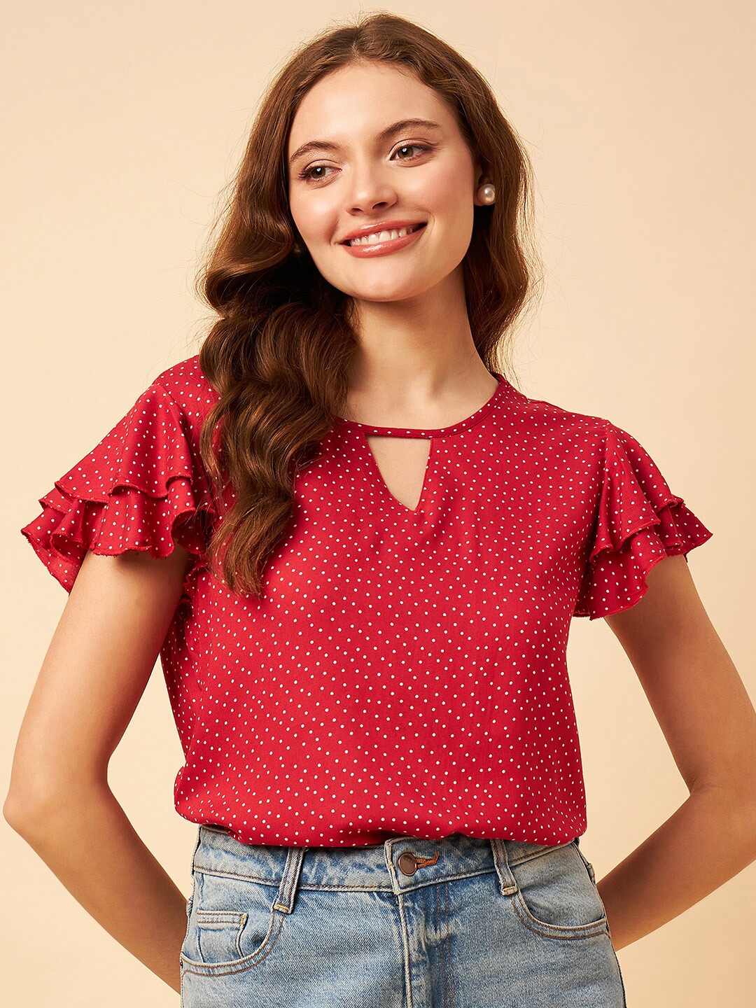 

STYLE BLUSH Polka Dot Printed Keyhole Neck Flutter Sleeves Regular Top, Red