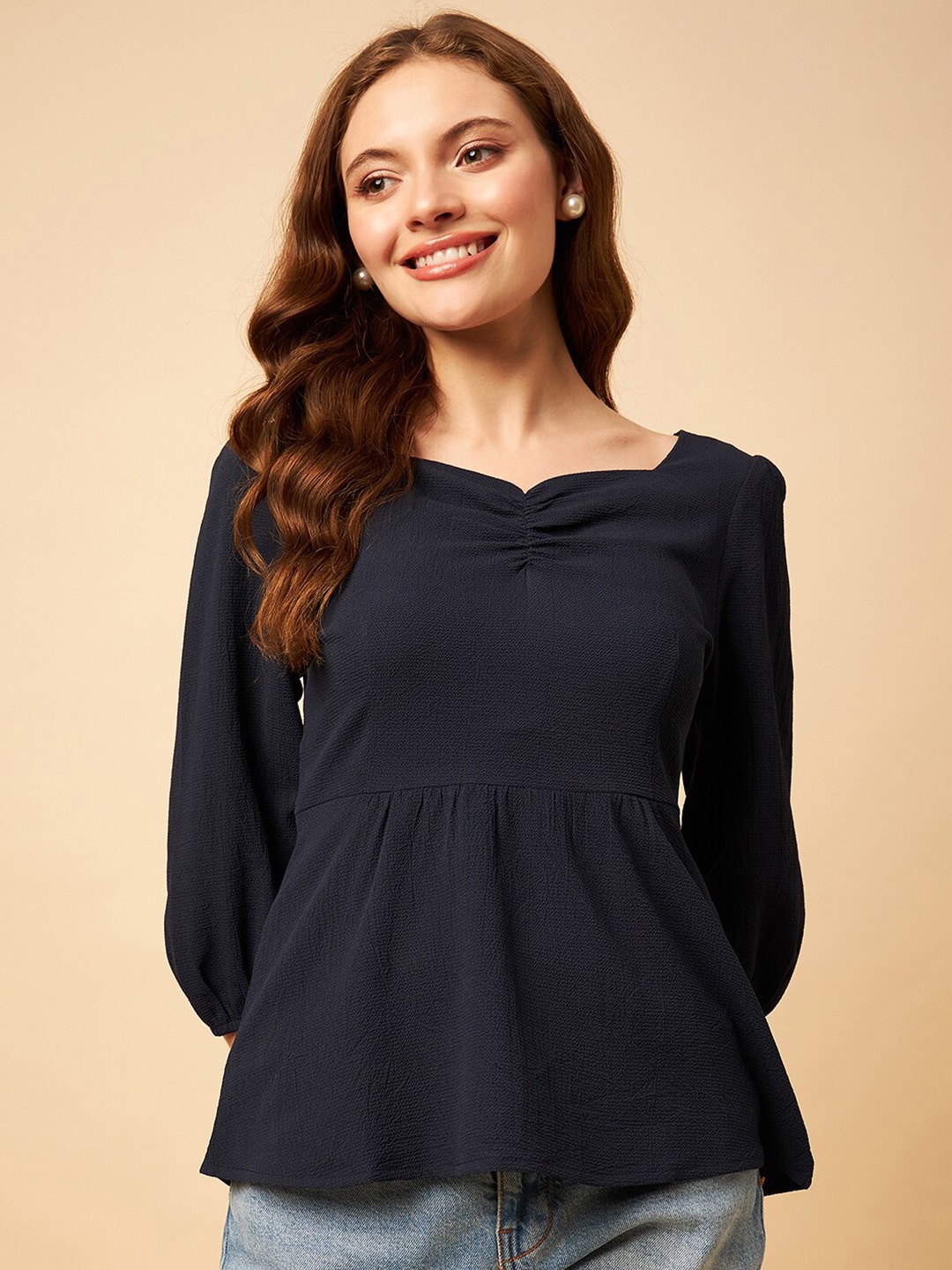 

STYLE BLUSH Ruched Sweetheart Neck Smocked Peplum Top, Navy blue