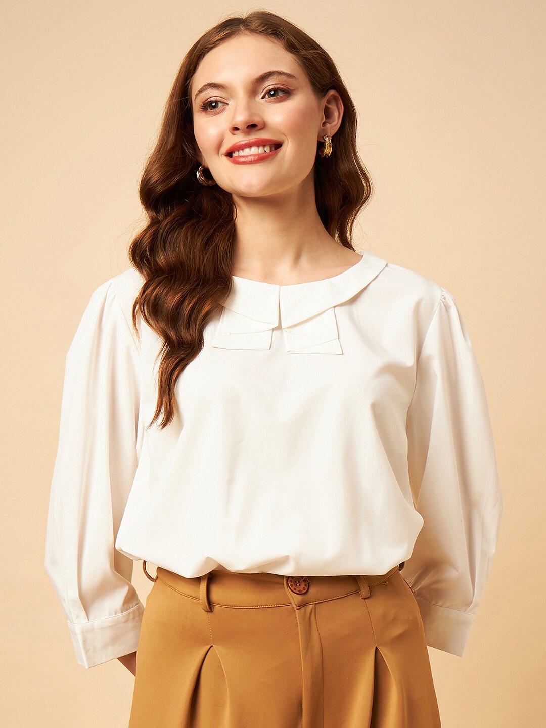 

STYLE BLUSH Peter Pan Collar Cuffed Sleeves Regular Top, White