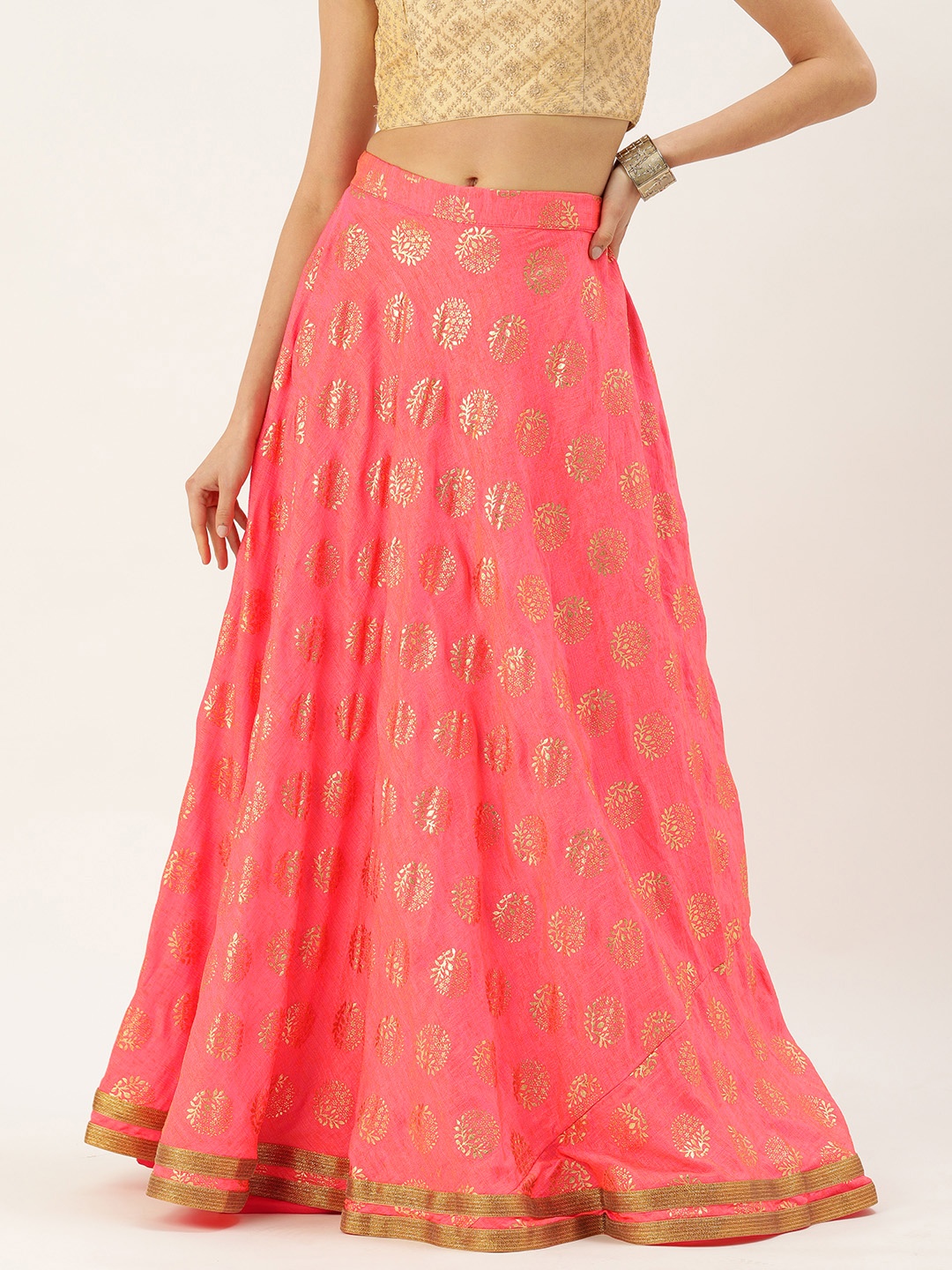 

Ethnovog Ethnic Motifs Printed Maxi Flared Ethnic Skirt, Pink