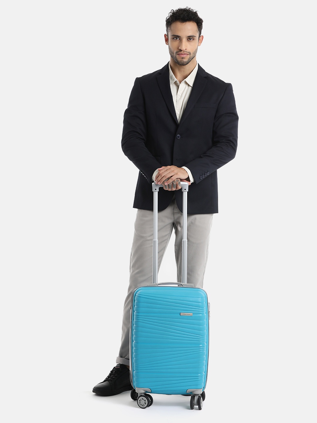 

Teakwood Leathers Prism Textured 360 Degree Rotation Hard Cabin-Sized Trolley Bag 32.2L, Turquoise blue